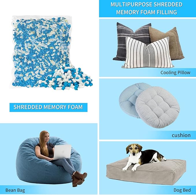 15 LBS Shredded Gel Memory Foam Filling, Comfortable and Soft Bean Bag Chair Filler, Memory Foam Stuffing for Cooling Pillow