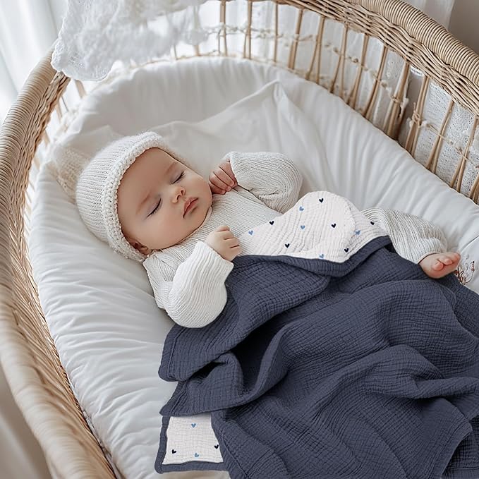 lulumoon Baby Blanket for Boys Newborns: Lightweight Cotton Swaddle for Receiving - Ideal Stroller Blanket for Travel & Baby Shower 36"x40"(Blue)