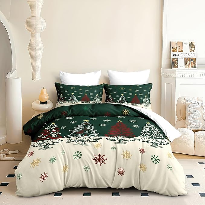 Christmas Duvet Cover King Size Green Christmas Tree Bedding Set 3 Pieces Kids Boys Girls Xmas Holiday Cartoon Snowflake Comforter Cover with Zipper Closure