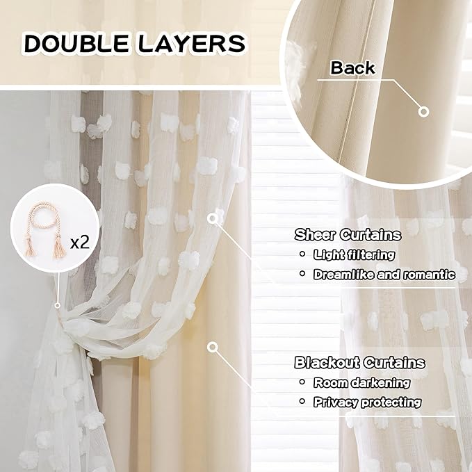 MYSKY HOME Beige Curtains for Living Room 95 Inches Long Nursery Curtains for Bedroom Double Layer Curtains White Pom Pom Sheer Curtains for Dining Room Grommet Room Darkening Window Panels W52 X L95