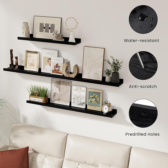Solid Ash Wood Picture Ledge Shelf, Floating Shelves Set of 2, 56 Inch Long Large Ledge Shelves, Nursery Book Shelves Wall Mounted for Living Room Bedroom Kitchen Decor Kids Bookshelf, Black