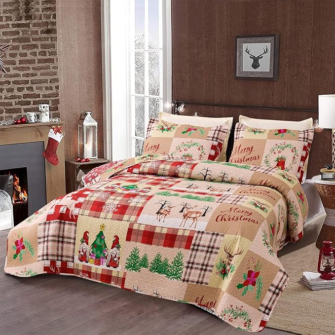 Christmas Bedding Set Twin Christmas Quilt Bedspread,Gnome Santa Claus Plaid Patchwork Xmas Quilt Set Bedding Holiday Christmas Quilts Decor Gift Elk Pattern Lightweight Reversible Bedspread Coverlet