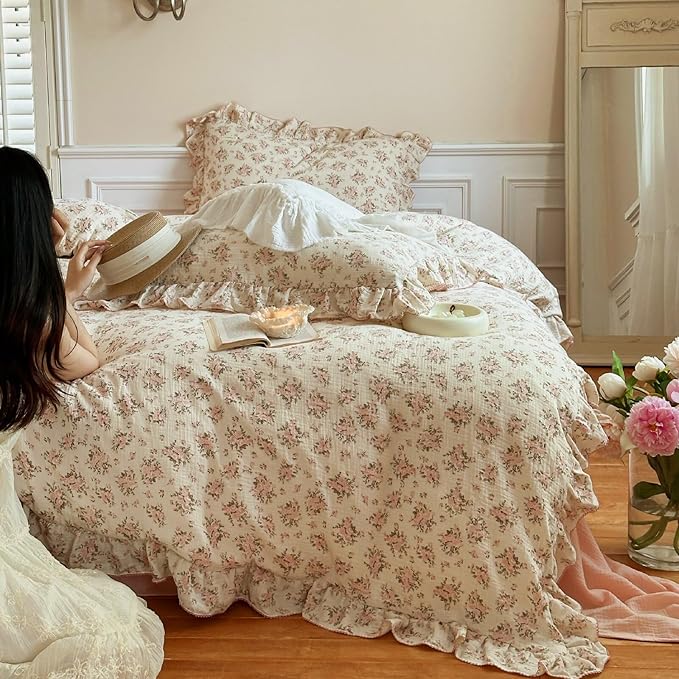 BuLuTu Pink Floral Twin Size Duvet Cover for Girls Kids, Flower Print Comforter Cover with Ruffles, Soft Lightweight Quilt Cover 100% Cotton Muslin, Zipper Closure, 68"x86", No Pillowcases