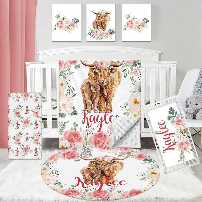 Personalized Baby Crib Bedding Set, Custom Name Blanket with Dotted Backing, 5 Piece Custom Gift Highland Cow Crib Bed Set for Baby Infant Shower Birthday, Floral Crib Bedding Gifts Style11