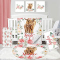 Personalized Baby Crib Bedding Set, Custom Name Blanket with Dotted Backing, 5 Piece Custom Gift Highland Cow Crib Bed Set for Baby Infant Shower Birthday, Floral Crib Bedding Gifts Style11
