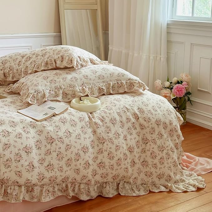 BuLuTu Vintage Floral Queen Duvet Cover Cotton Muslin Comforter Cover with Ruffles, Soft Lightweight Gauze Bedding Quilt Cover 90"x90", No Pillow Case, Zipper & Corner Ties, Machine Wash
