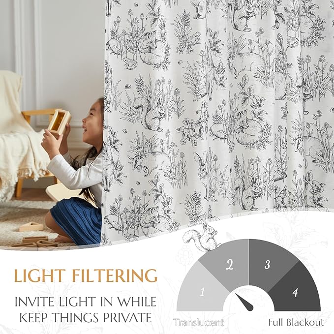 jinchan Linen Nursery Curtains 63 inch Long Woodland Wildlife Black Print Drapes for Kid's Room Light Filtering French Country Farmhouse Curtains with Bunny and Forest Design Set of 2 Panels