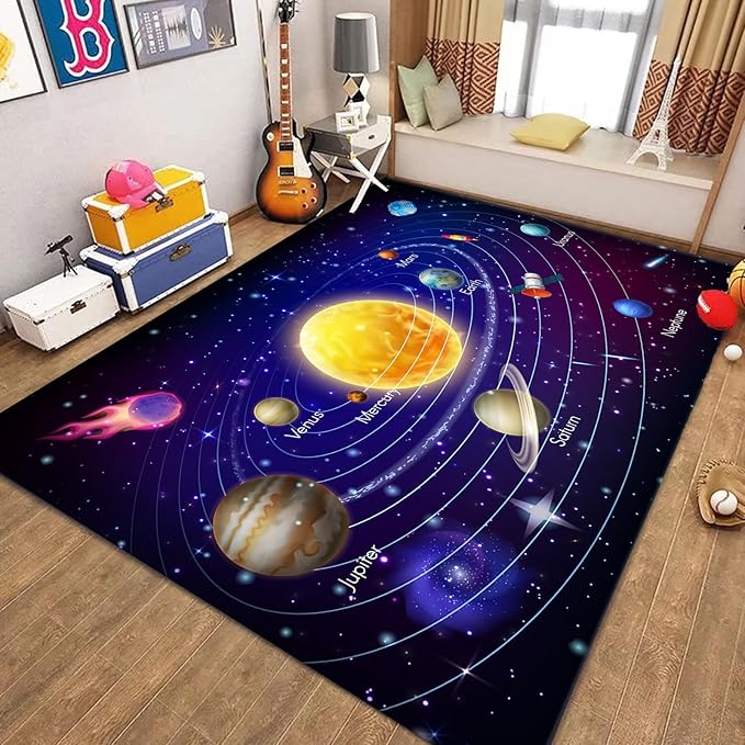 Solar System Planet Area Rug,5x8ft,Boys and Girls Room Large Play Mat, Suitable for Children's Room Bedroom, Classroom, Daycare Center, Kindergarten, Non-Slip Washable Carpet