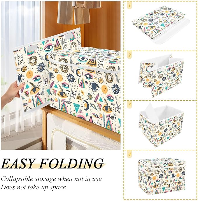 senya Large Storage Bins with Linen Collapsible Foldable Storage Cubes Fabric Closet Organizer Containers box with Flip-Top Lid for Home Bedroom Office 16.7 x 12.6 x 11.8in (Triangle Eye)