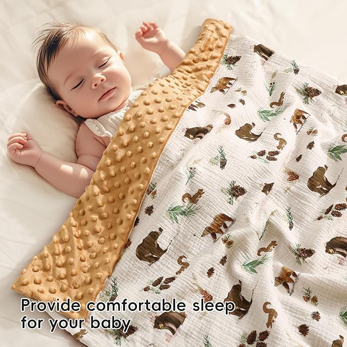 david's kids Muslin Minky Baby Blanket for Boys with Muslin Cotton Front and Dotted Fleece Backing, Breathable and Soft Lightweight Receiving Blanket for Newborns, 30x40 Inches, Woodland Animals
