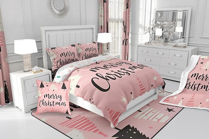 Feelyou Merry Christmas Bedding Set Christmas Tree Duvet Cover for Kids Boys Girls Stars Print Comforter Cover Pink Christmas Bedspread Cover with 1 Pillowcase 2Pcs Bedding Twin,No Comforter