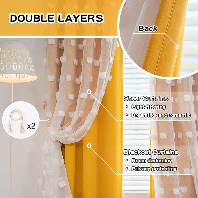 MYSKY HOME Nursery Curtains Yellow Double Layer Curtains for Bedroom 63 Inch Long Curtains for Kids Room Kithen White Pom Pom Sheer Grommet Room Darkening Window Curtains 2 Panels Set, 52 x 63 Inch