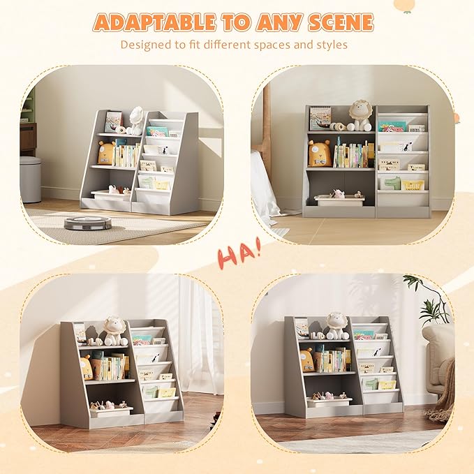 NACHES 3 Tier Kid Bookshelf Wooden 4 Sling Children Bookcase Toddler Montessori Bookcase Book Rack Display Toy Storage Organizer Book Display Shelf Stand Classroom Bedroom Nursery Playroom (Grey)