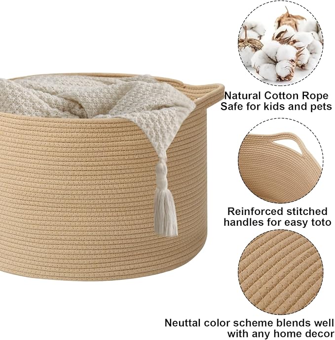 Large Blanket Basket for Organizing,115L Closet Organizers and Storage Bins Box for Shelves Woven Rope Storage Baskets,Living Room,Bedroom,Dorm,Laundry room (Camel)