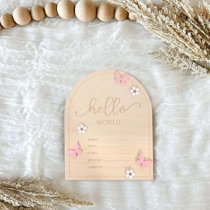 Hello World Newborn Sign - Baby Announcement Sign for Baby Showers, Pink Butterfly Newborn Birth Announcement Board, Daisy Wooden Milestone Card,Welcome.