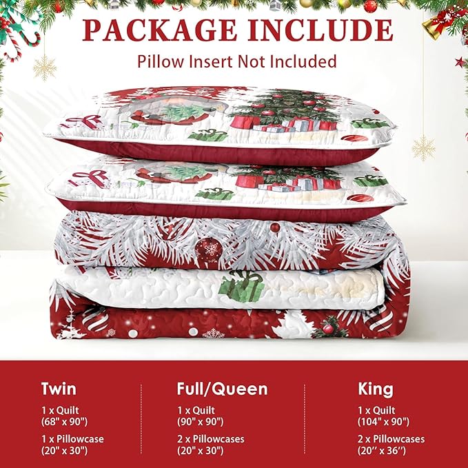 Christmas King Size Quilt Set, Cute Gnome Lightweight Bedspread Coverlet with Pillow Shams for Kids and Adults, Merry Xmas 3 Pcs Bedding Bed Cover