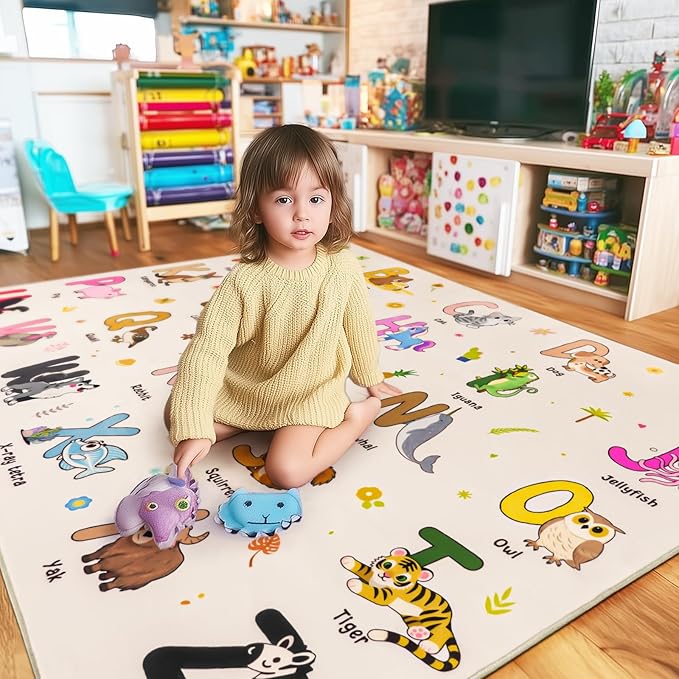 Kids Rugs for Playroom, 8x10 Ft Educational Rug for Learn The ABC Alphabet, Soft Machine Washable Non-Slip Cute Cartoon Animals Carpet for Classroom Toddler Nursery Kids Room Decor, Beige