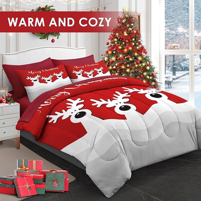 7 Pcs King Size Christmas Comforter Set with 2 Pillowcases & 2 Shams, Cute Cartoon Reindeer Bedding for Kids and Adults, Winter Merry Xmas Bed in a Bag with Flat Fitted Sheet