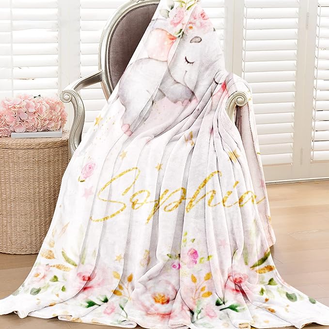 Personalized Elephant Blanket with Name for Girl, Custom Name Blanket for Teen, Soft Flannel Pink Elephant Blankets Customized Gift for Birthday 50"x60"
