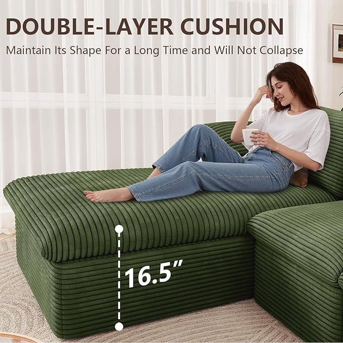 107" Cloud Modular Sectional Sofa with 1 Ottoman, Modern Upholstered Corduroy Couches, Comfort U Shaped Sofa for Living Room, Deep Seat Boneless Couch, No Assembly Required(Green,Left Facing Chaise)