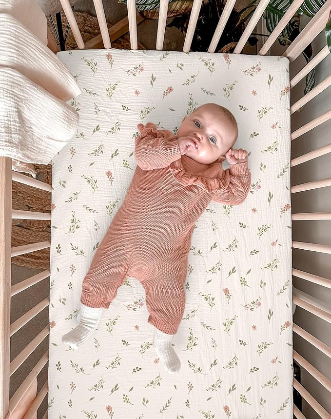 Mini Crib Sheets for Baby Boy Girl 2 Pack, Neutral Mini Crib Mattress Sheet 24" x 38", Muslin Nursery Bedding Soft and Breathable Comfort (Petal Leaf & Pink)