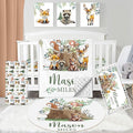Personalized Baby Crib Bedding Set, Custom Name Blanket with Dotted Backing, 5 Piece Custom Gift Animals Design Crib Bed Set for Baby Infant Shower Birthday, Floral Crib Bedding Gifts Style30