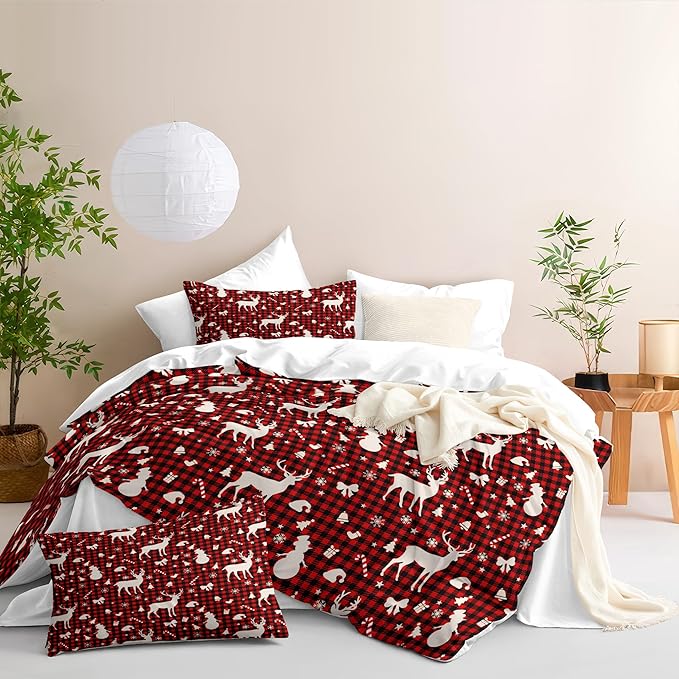 Christmas Duvet Cover King Size Red Gingham Christmas Bedding Set Kids Boys Girls Xmas Black Plaid Bow Pattern Comforter Cover 3 Pieces with Zipper Closure (No Comforter)