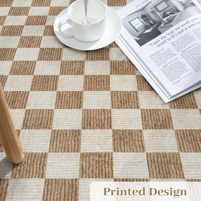 LIVEBOX 3x5 Washable Area Rug Checkered, Non-Slip Small Entryway Rug Brown Farmhouse Neutral Classic Geometric Boys Rug for Bedroom Room Low-Pile Carpet for Indoor Kitchen Bathroom(Brown 3'x5')