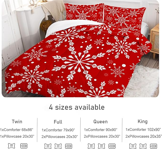 Comforter Set Christmas Snowflakes: Full Size Xmas White Snowflake Red Bedding Sets for Teens Girls Kids Women Adults Winter Festival Bedroom Decor 3 Piece Quilt Bed Set