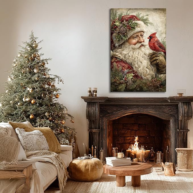 YONICA Christmas Canvas Wall Art Santa with Cardinal 18x24 Inch Vintage Style with Red Bird - Large Framed Gallery Wrapped Wildlife Art