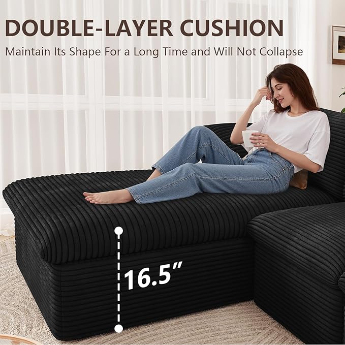 136 Inch Cloud Sectional Couch, Modern Modular Sectional Sofa with Deep Seat, Corduroy Boneless Couches with L-Shape Chaise for Living Room Bedroom, No Assembly Required (Black, Left Facing Chaise)