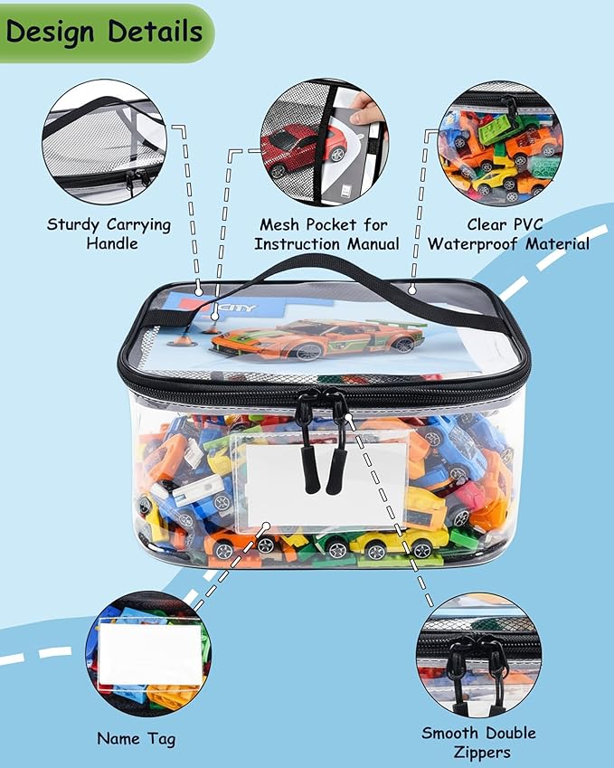 6 Pack Extra Large Clear Toy Storage Bags with Tag and Manual Pocket – Versatile Waterproof Organizer Bags for Lego Bricks, Board Games, Building Blocks, Puzzles, Dolls, Books (Mixed Sizes)