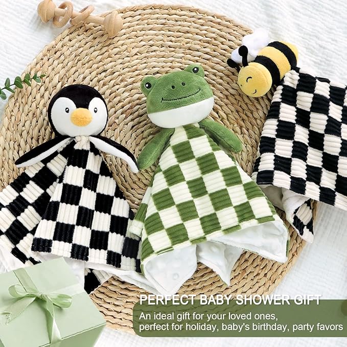 Baby Lovey Blanket for Boys Girls Super Soft Checkerboard Gingham with Minky Dot Fabric Backing Penguin Stuffed Animal Lovely Snuggle Toy Black 14 Inch