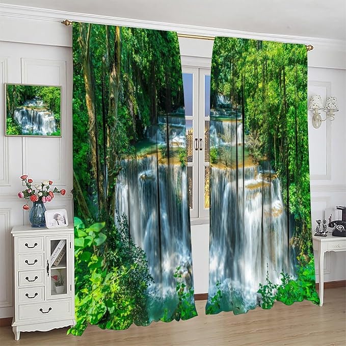 Scenic Nature Blackout Curtains, Natural Falls Landscape Forest Tree Waterfall Scenery Window Drapes, for Bedroom Living Room 52" W X 84" L