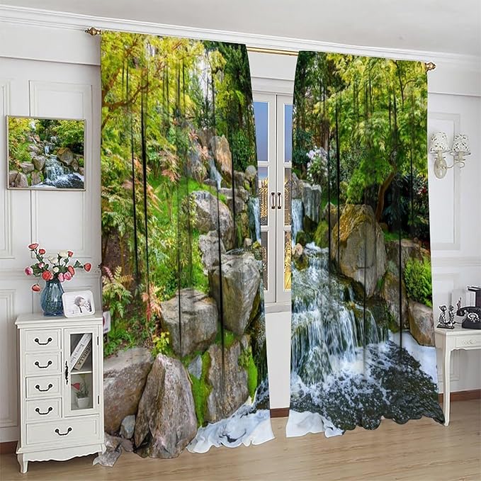 Forest Waterfall Blackout Curtains, Natural Landscape Forest Trees Waterfall Scenery PrintWindow Drapes, for Living Room Bedroom 63" W X 63" L