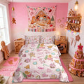 Merry Christmas Kids Bedding Set Queen Size,Gingerbread Man Elk Deer Bowknot Comforter Set,Cute Girly Bow Tie Xmas Tree Quilt Comforter,Pink Colorful Bedroom Duvet Insert,2 Pillowcases