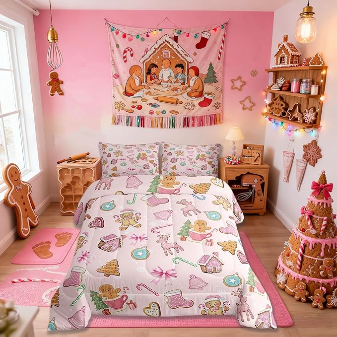 Merry Christmas Comforter Set King Size,Gingerbread Man Elk Deer Bowknot Kids Bedding Set,Cute Girly Bow Tie Xmas Tree Quilt Comforter,Pink Colorful Duvet Insert,2 Pillowcases