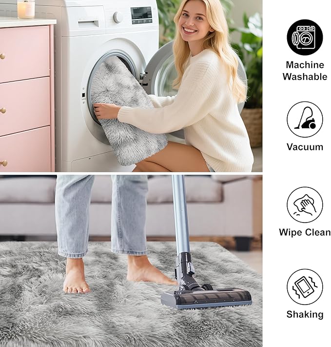 2x6 Grey Runner Rug for Bedroom, Soft Fluffy Runner Area Rug for Living Room Plush Gray Bedroom Rug Fuzzy Shaggy Carpet for Kids Room Dorm Nursery with Non-Slip Bottom