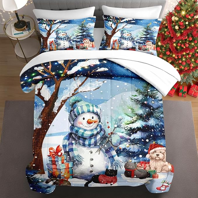 7 Pcs Full Size Christmas Comforter Set with 2 Pillowcases & 2 Shams, Cute Blue Snowman Bedding for Kids and Adults, Cold Snowy Night Bed in a Bag with Flat Fitted Sheet