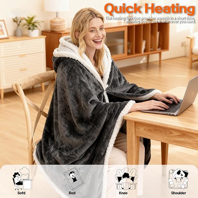 Heated Blanket Wearable Electric Throw, Heated Robe Poncho Blanket Hoodie for Adult, Electric Heated Wrap Poncho Shawl with Pockets, 10 Heating Levels & 8 Hours Time Settings, 40'' X 70''