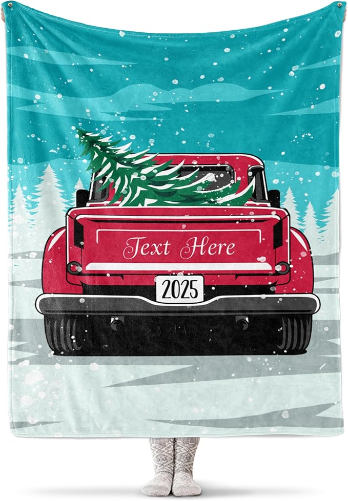 Christmas Blanket, Vintage Red Truck and Tree - Ships Next Day, Printed in USA - Warm Fleece or Sherpa Sofa Throw, Cute Holiday Décor - Customizable Throws (Sherpa 50x60)
