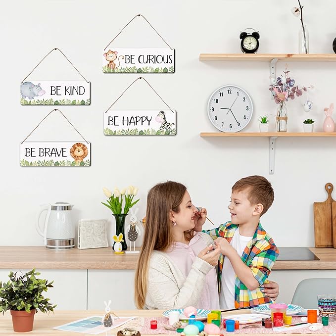 Woodland Nursery Decor, Safari Jungle Animals Boysroom Wall Sign Art, Motivational Bedroom Decorations for Kids Boys, 4 Pieces Wood Sign, 3.9x11.8 In-A05