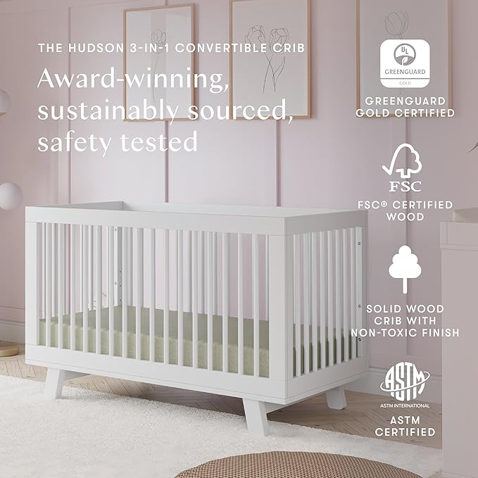 Babyletto Hudson 3-in-1 Convertible Baby Crib with Toddler Bed & Daybed Conversion - Easy to Assemble - GREENGUARD Gold Certified w/ 4 Adjustable Mattress Heights - White