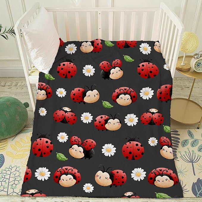 Thuswarm Cute Watercolor Ladybugs Grey Flannel Throw Blanket Warm Cozy Soft Funny Print Blankets for Bed Couch Sofa Room Decoration Gifts 80”×60” Large for Adult