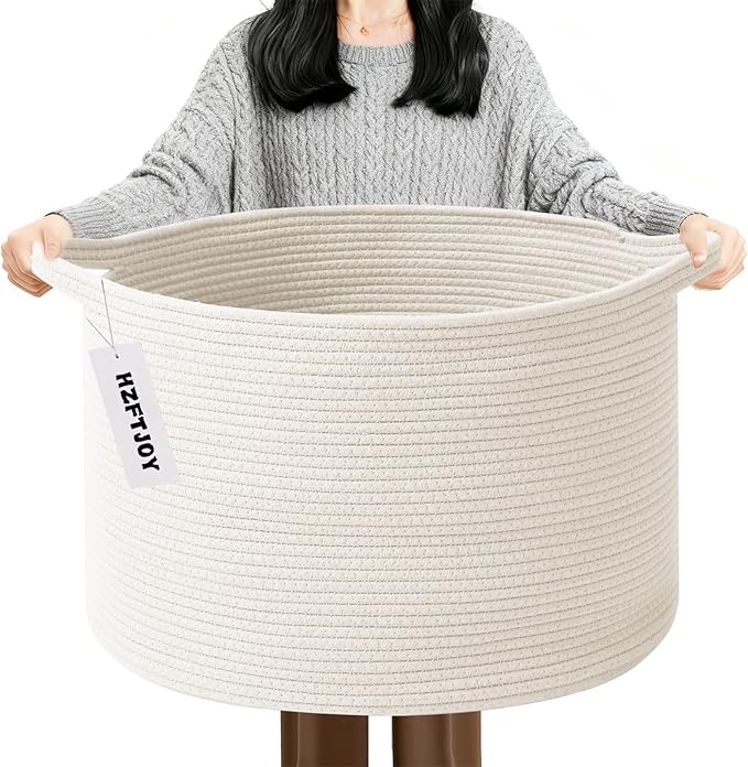 Large Blanket Basket for Organizing,115L Closet Organizers and Storage Bins Box for Shelves Woven Rope Storage Baskets,Living Room,Bedroom,Dorm,Laundry room (White)