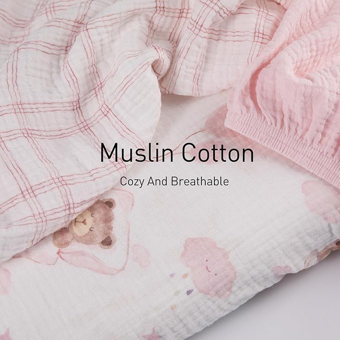 Gllquen Baby Muslin Bassinet Sheets 3 Pack, Breathable Elastic Cozy Fitted Cotton Bassinet Mattress Sheet for Baby Boy Girls, Fit for Hourglass Oval Rectangular Cradle Pad Sheets 33"x17" (Bear Dream)