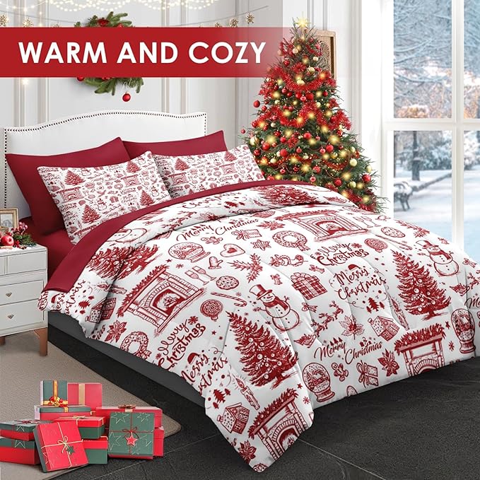 7 Pcs Queen Size Christmas Comforter Set with 2 Pillowcases & 2 Shams, Happy Xmas Red Pine Tree Bedding for Kids and Adults, Merry Winter Bed in a Bag with Flat Fitted Sheet