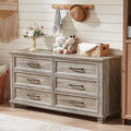 Farmhouse 6 Drawer Dresser for Bedroom, 54 inch Wide Large Vintage Chest of Drawers with Square Solid Wood Legs, Rustic TV Stand for Living Room, Wooden Storage Dressers for Hallway, Grey
