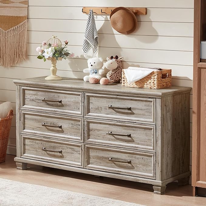 Farmhouse Bedroom Dresser and Nightstand Set of 4, 6 Drawer Low & 5 Drawers Dresser & 2 Drawer Nightstand Set, Rustic Wood Furniture Set for Bedroom, Hallway, Grey