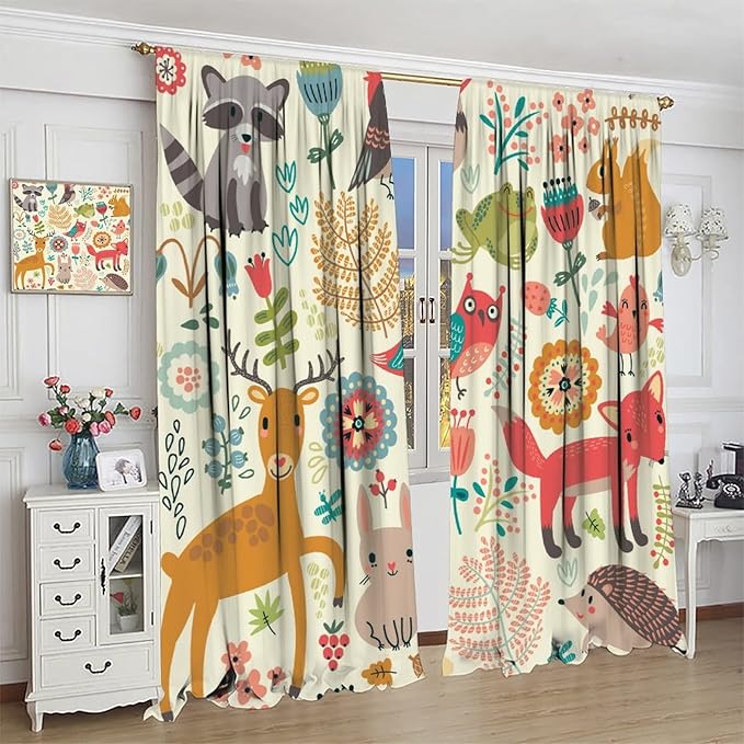 Kids Baby Woodland Blackout Curtains,Forest Animals Plants Cartoon Funny Colorful Deer Fox Owl Pattern Thermal Insulation Window Drapes for Boys Girls Children's Bedroom 84x84in